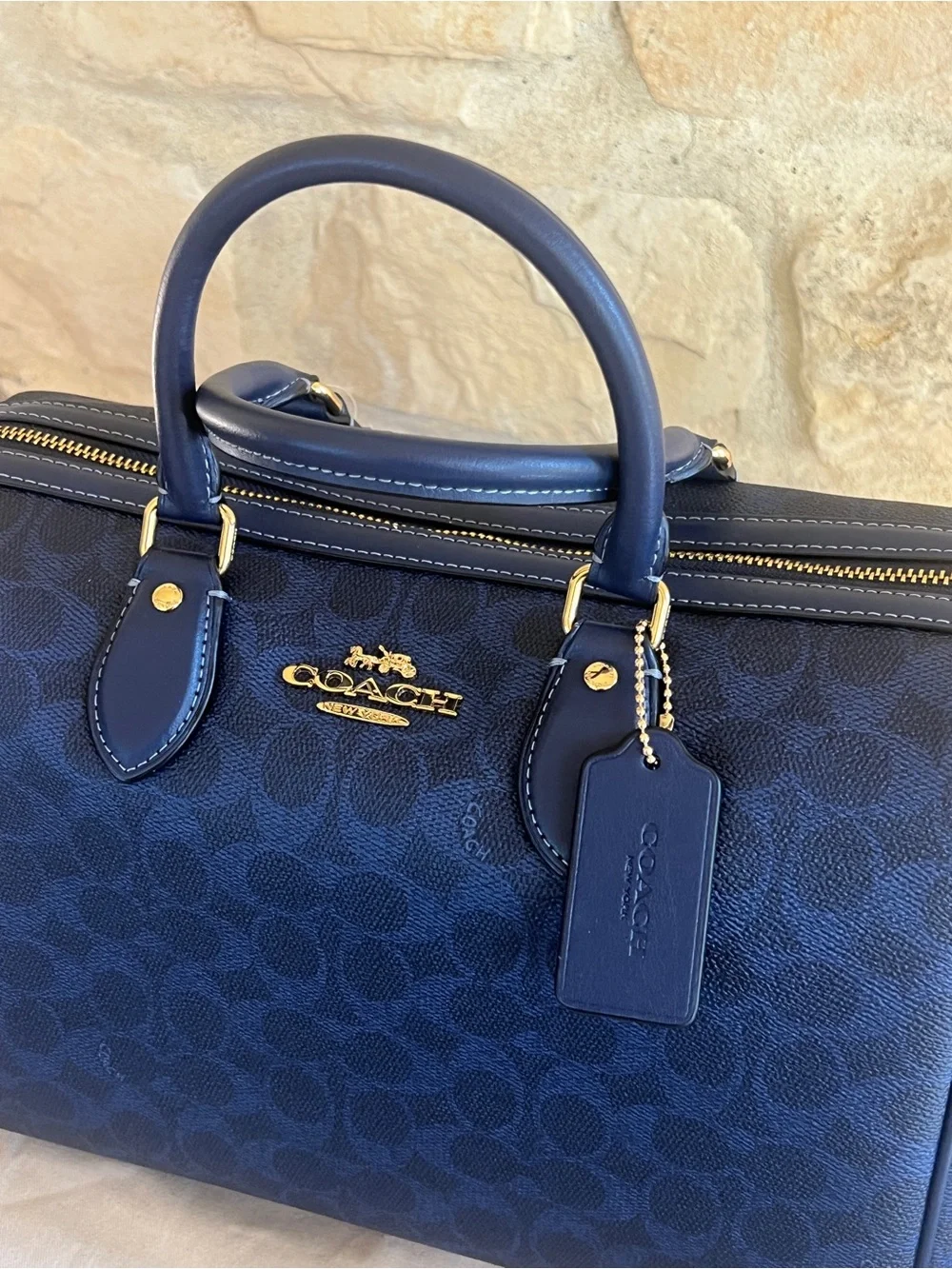 Coach Navy Signature Duffel Bag with Gold Hardware